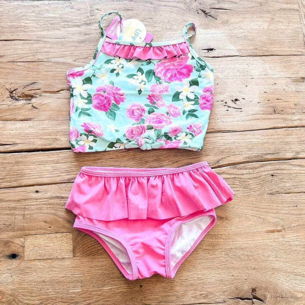 NWT! Ruffle Butts Pink Green Rosy Sweetheart Ruffle Tie Tankini Size 5